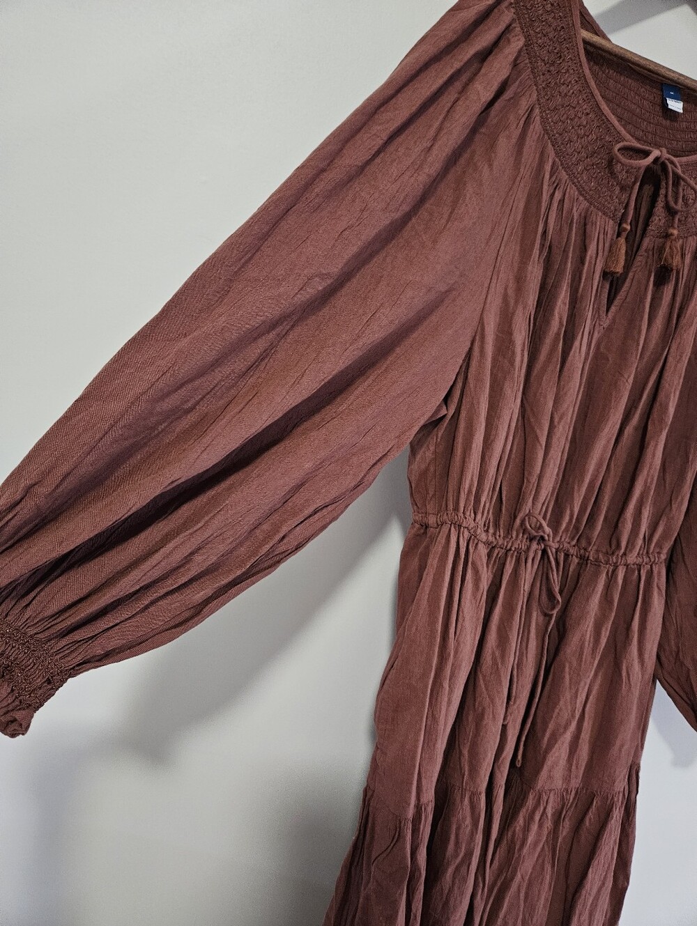 Old Navy Waist-Defined Prairie Long-Sleeve Midi Dress Brown Sz 4X Boho Cottage - Picture 2 of 7